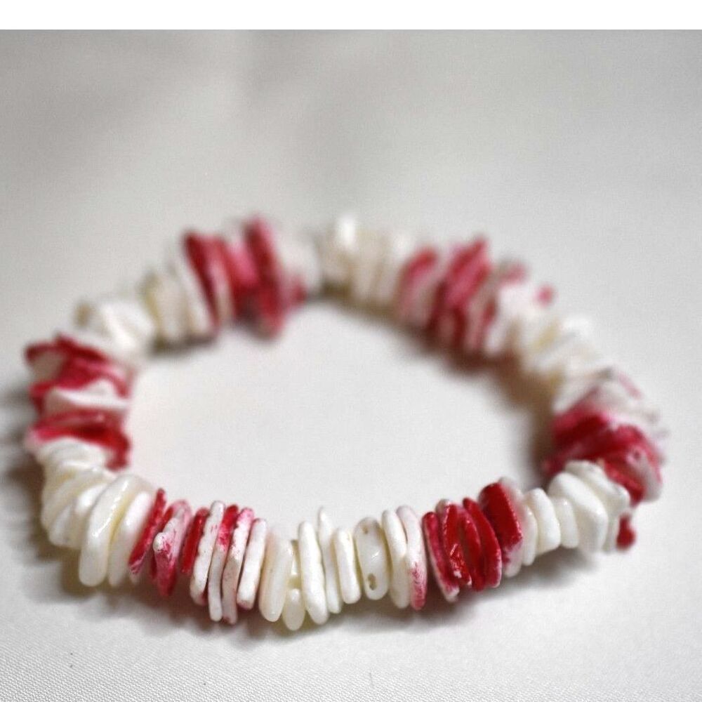 Fun Beach Surfer Red/White Puka Stacked Shell Chips 7" Stretch Unisex Bracelet